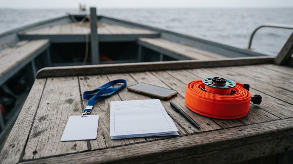 Cubierta de madera de un barco con una tarjeta en blanco colgada de un cordón, un formulario sin rellenar con un bolígrafo, un móvil y una boya naranja enrollada con su carrete