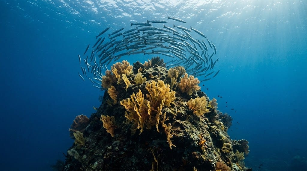 Cima de un bajo submarino cubierta de gorgonias amarillas con un banco de barracudas girando por encima, a contraluz