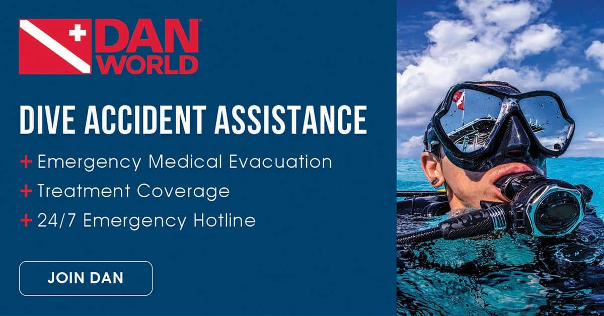 Publicidad: DAN World, asistencia por accidentes de buceo, con evacuación médica de emergencia, cobertura de tratamiento y línea de emergencia las 24 horas
