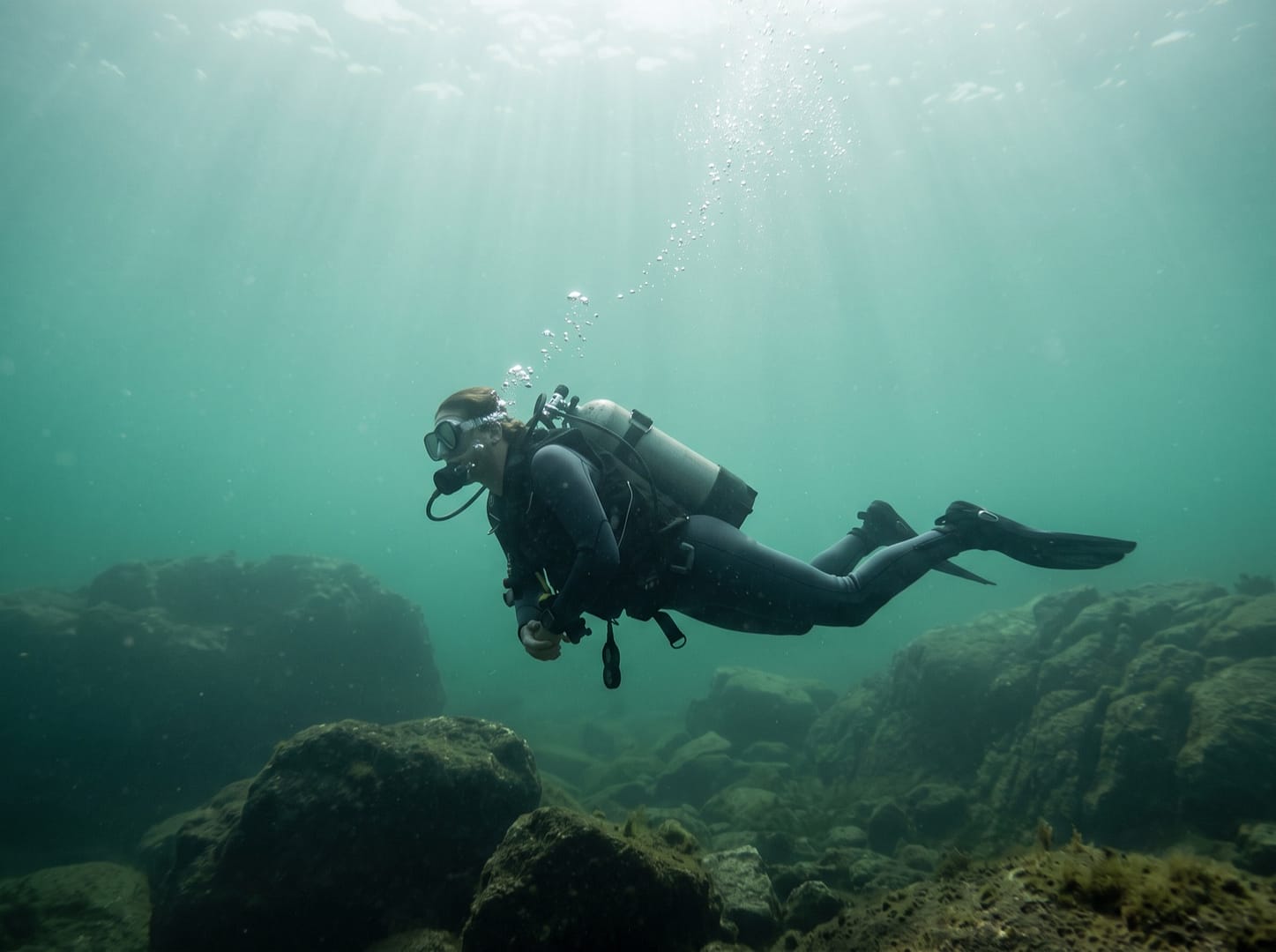 Buceador sin capucha, con máscara y regulador, suspendido sobre rocas cubiertas de algas en agua verde, con burbujas que suben hacia la luz