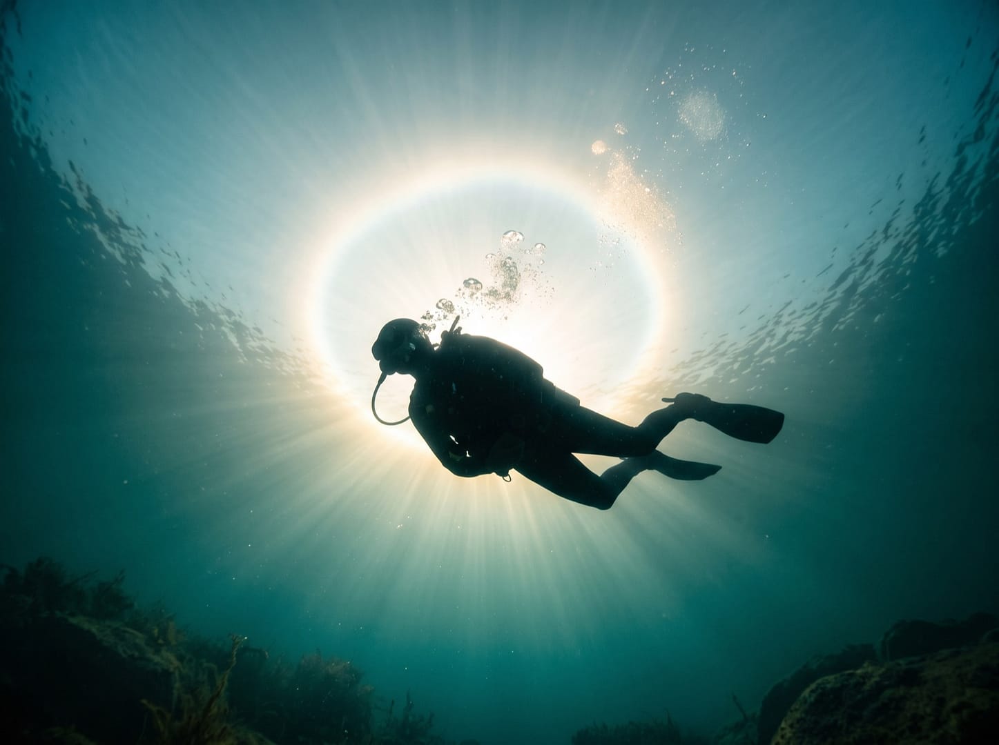 Silueta de un buceador a contraluz bajo un halo de sol muy intenso en la superficie, con rayos que atraviesan el agua azul verdosa