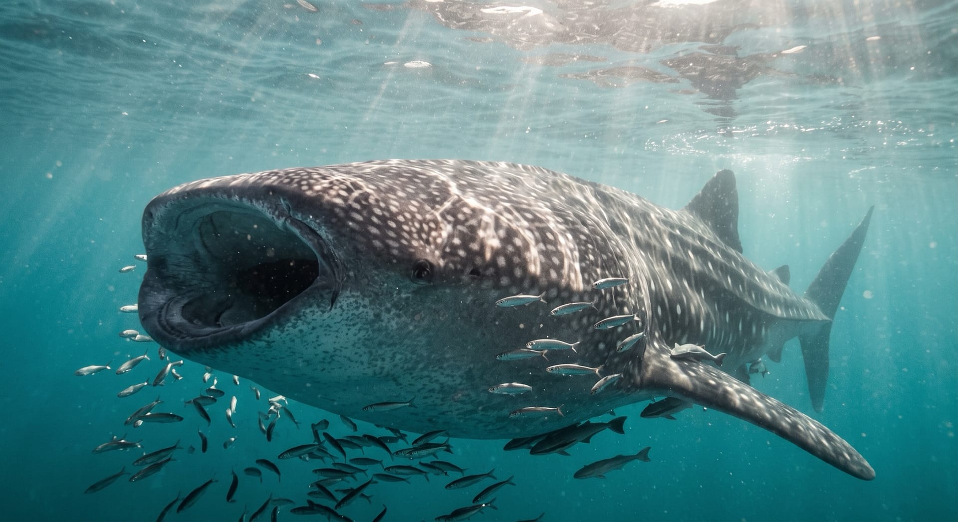 Tiburón ballena alimentándose con la boca completamente abierta cerca de la superficie, rodeado de un banco de peces pequeños