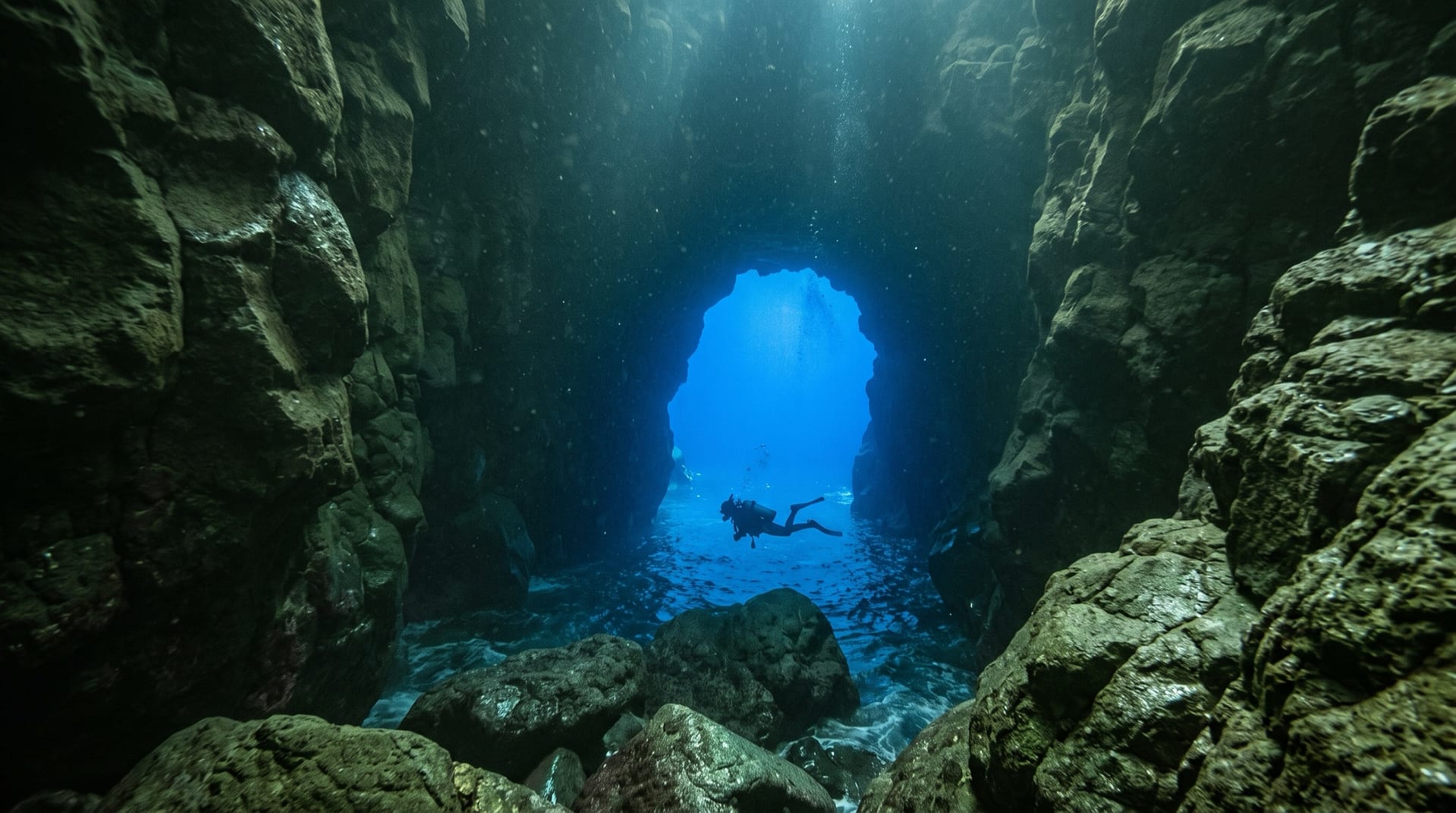 Interior de una cueva submarina de roca con un buceador en silueta recortado contra la boca de salida iluminada de azul