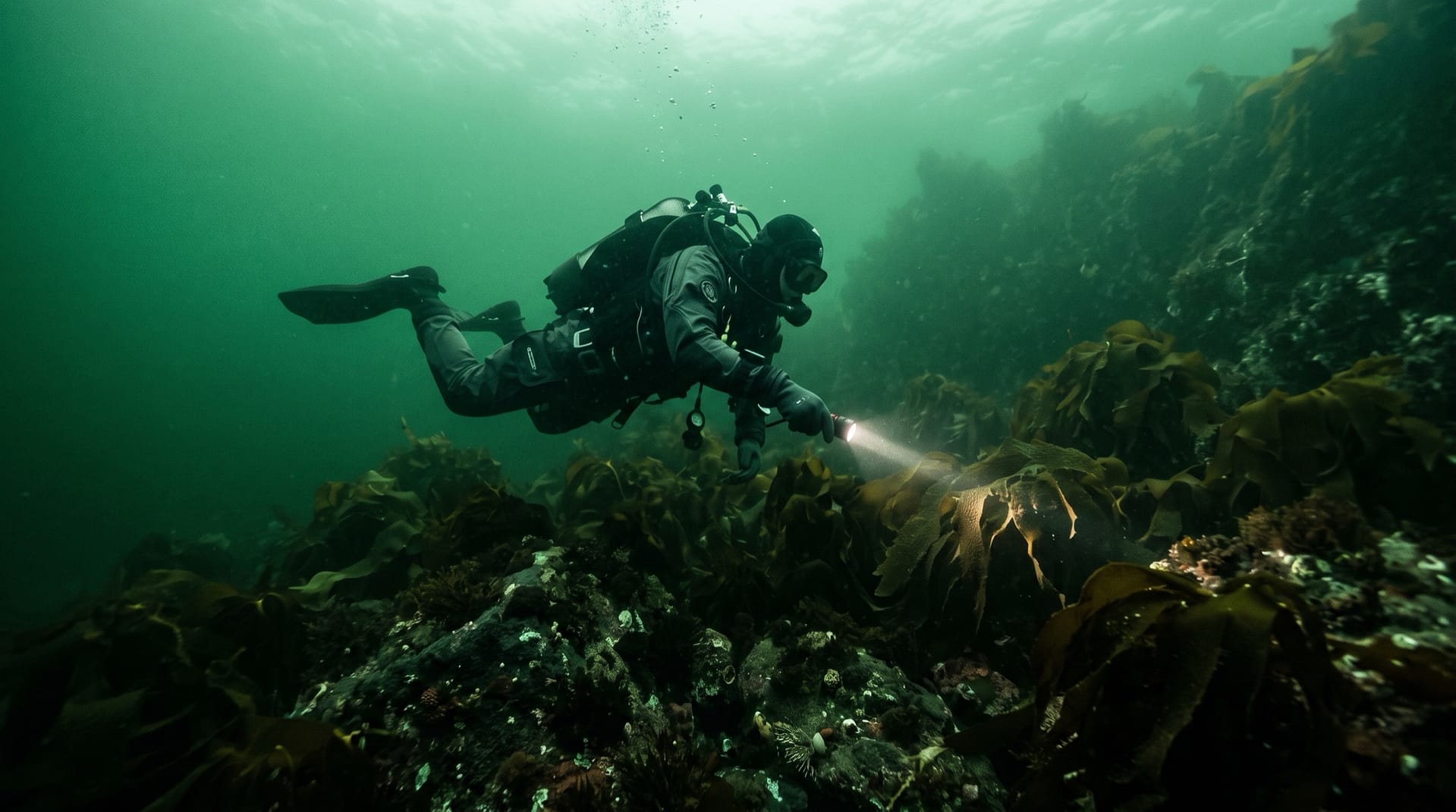 Buceador con traje grueso, capucha y guantes iluminando con una linterna un fondo rocoso cubierto de algas pardas en agua verde