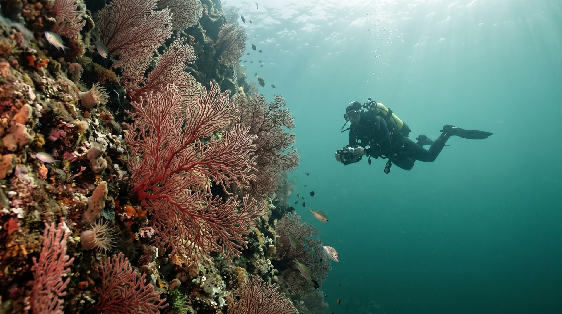 Pared mediterránea cubierta de gorgonias rosadas, esponjas y anémonas, con un buceador con cámara y carcasa suspendido en el agua verdosa