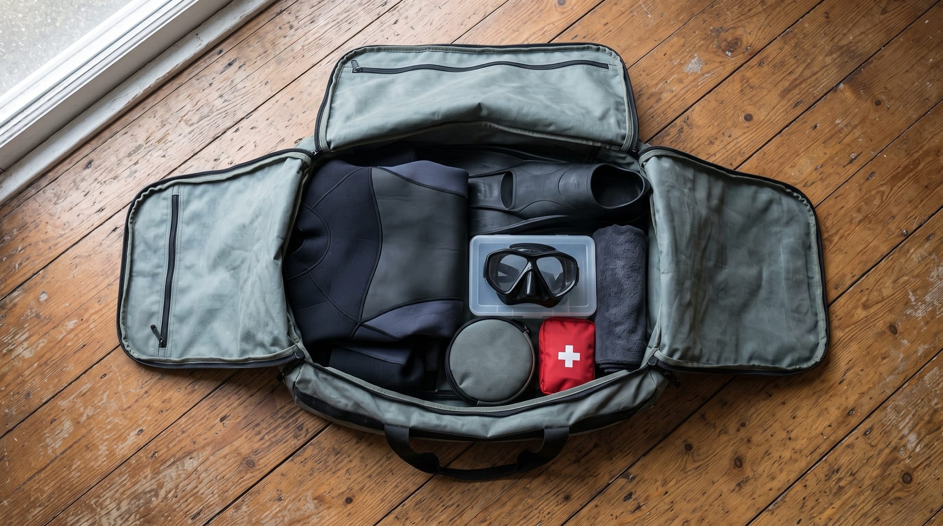 Bolsa de viaje de buceo abierta sobre un suelo de madera con el traje doblado, las aletas, la máscara en su caja, una toalla y un botiquín rojo