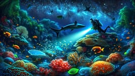 Buceador suspendido en aguas azules frente a un banco de tiburones martillo, con la luz del sol filtrándose desde la superficie