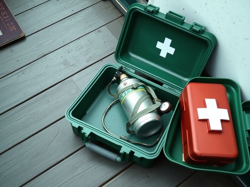 Estuche verde abierto con botella de oxígeno de emergencia junto a un botiquín rojo en la cubierta de un barco