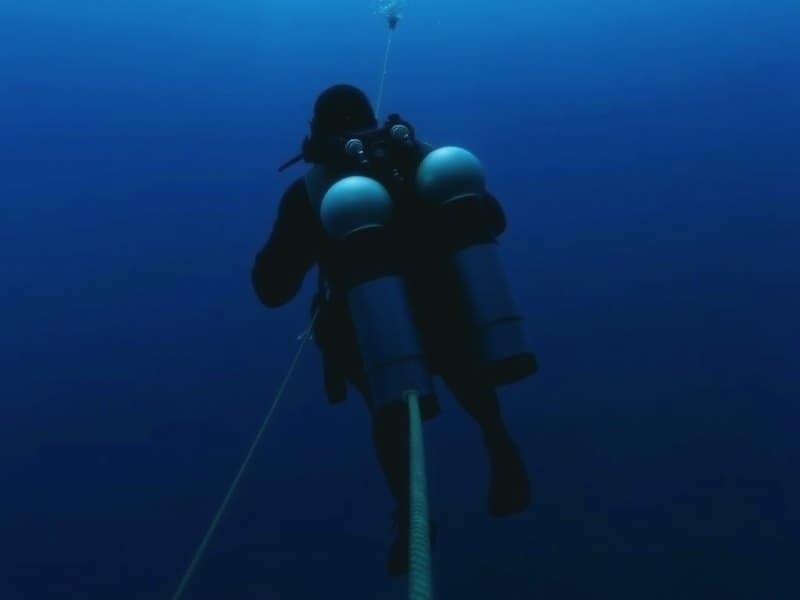 Buceador técnico con bibotella ascendiendo por un cabo
