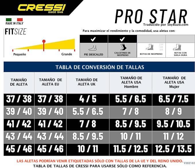 Tabla de talles de para las aletas Pro Star de Cressi