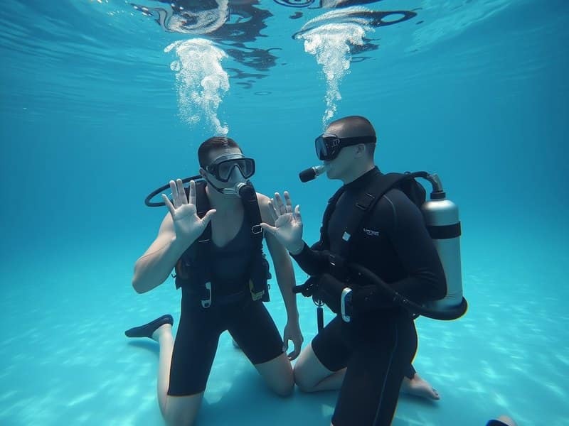 Instructor y alumno en la piscina intercambiando señales