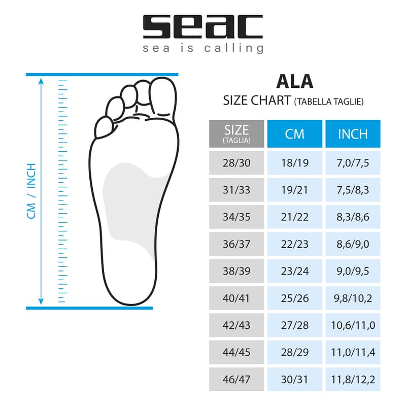 Guia de talles para las Seac Ala, aletas de Snorkeling