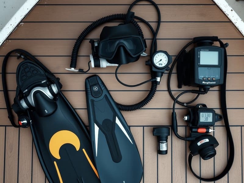 Equipo de buceo ordenado sobre la cubierta